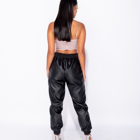 Black Faux Leather Vegan Leather High Waist Loose Fit Joggers Jogger Pants - Picture 7 of 10